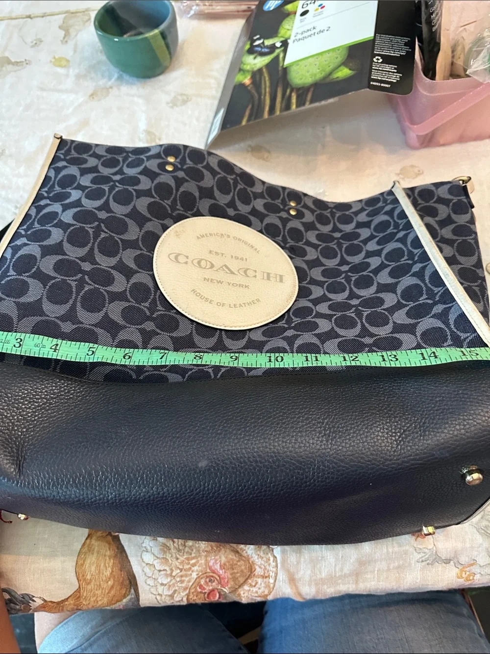 Coach Navy Signature Canvas Tote with White Leather Medallion